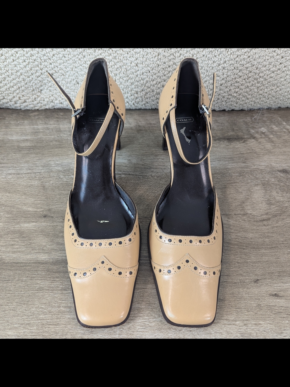 Vintage Coach Hilary Tan Leather Pump 8.5B Square Toe 3" Heel Ankle Strap